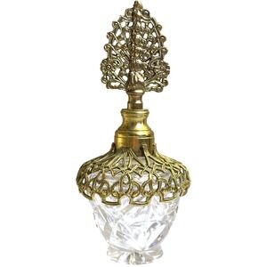 Vintage Ornate Gold Ormolu Cut Glass 5" Perfume‎ Bottle w/ Dauber